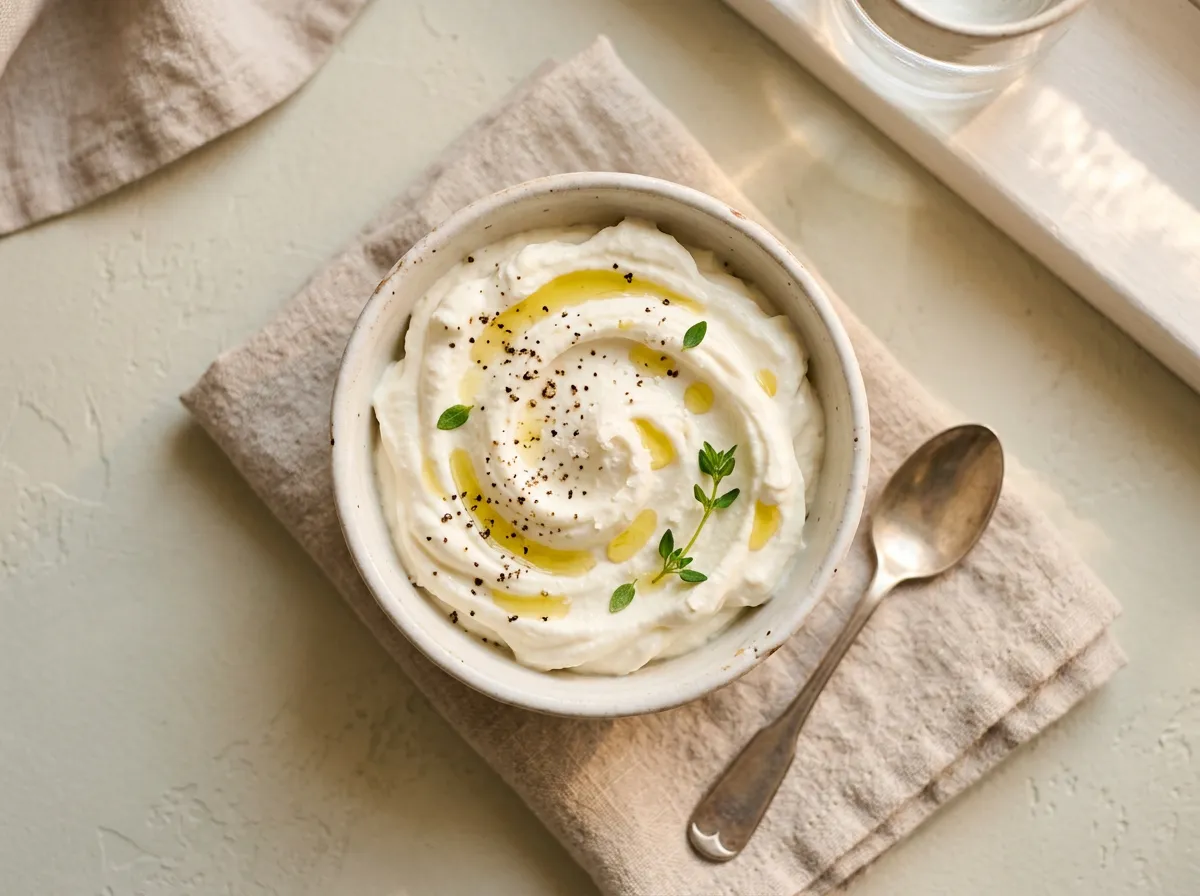 Blended cottage cheese in a small bowl