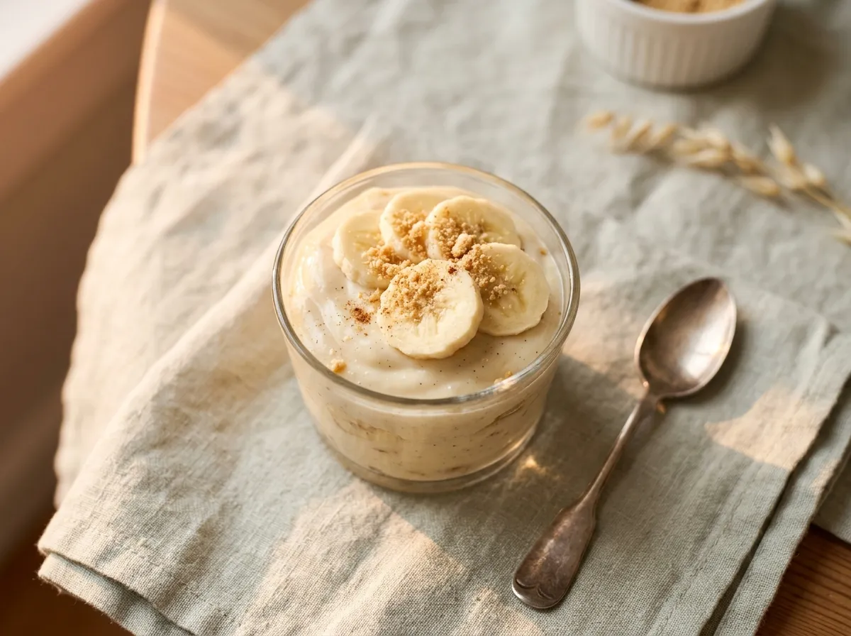 Casein banana pudding in a small dish