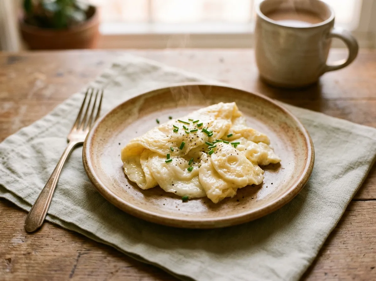 Ricotta scrambled eggs on a small plate