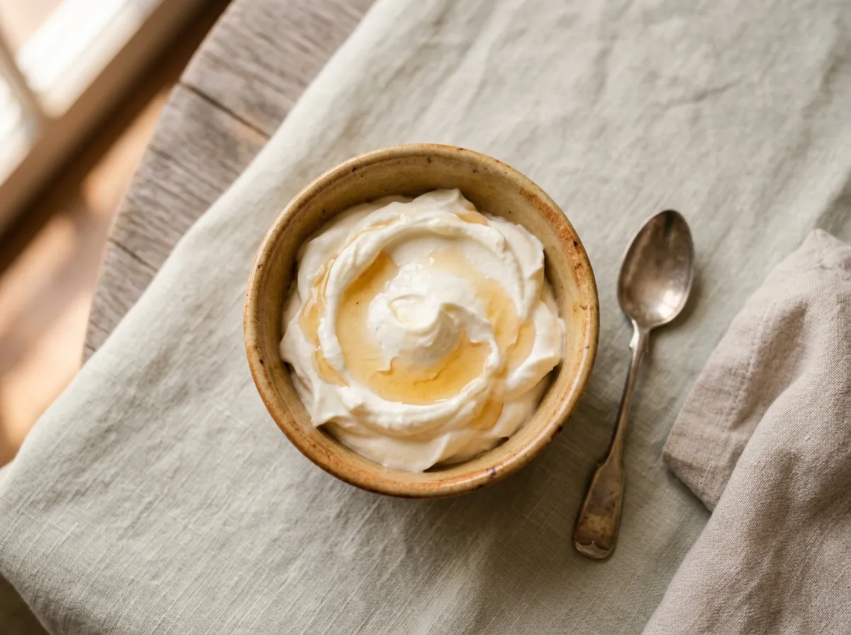Greek yogurt parfait with hemp seeds in a small bowl