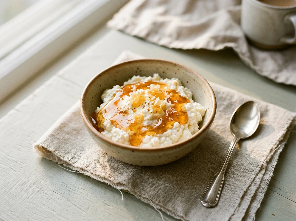 Ricotta with honey in a small dish